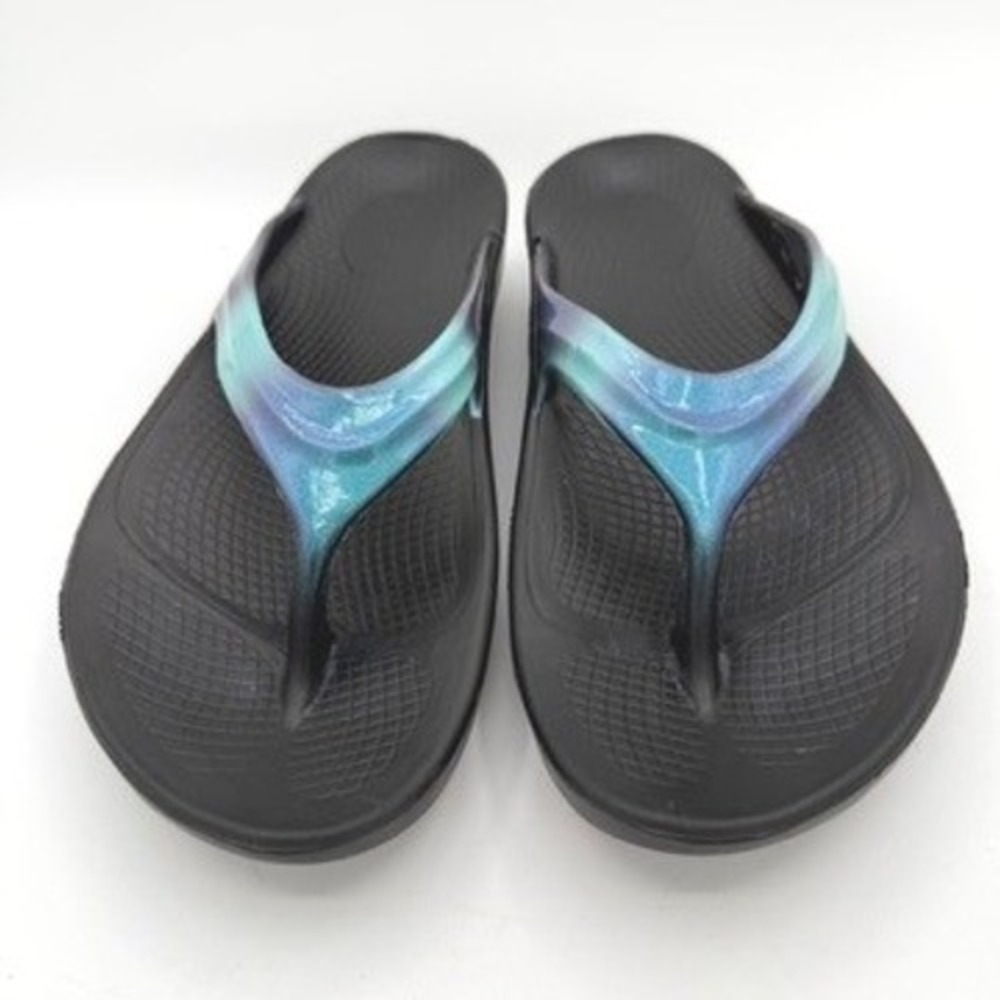 OOFOS OOlala Thong Sandal Women W7 Black Iridescent Recovery Comfort Ergo Sporty - Picture 2 of 7